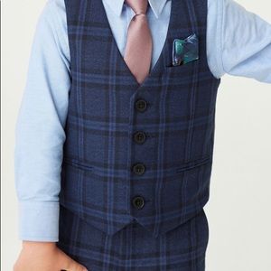 Navy check suit trousers/ pants, vest and shirt